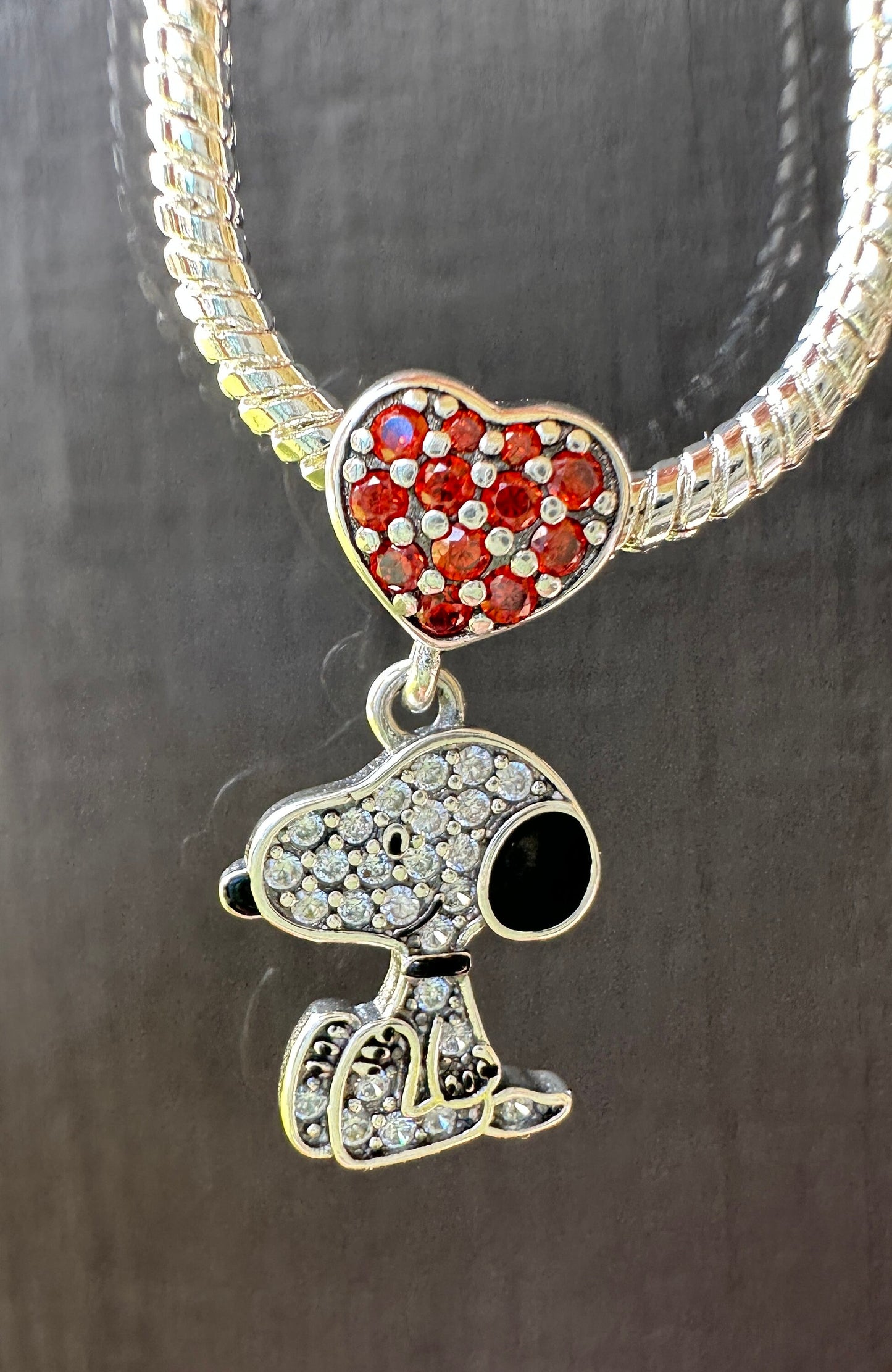 Snoopy with Crystal Heart Woodstock S925 Sterling Silver charms Fit most European Style Bracelets and bangles charms
