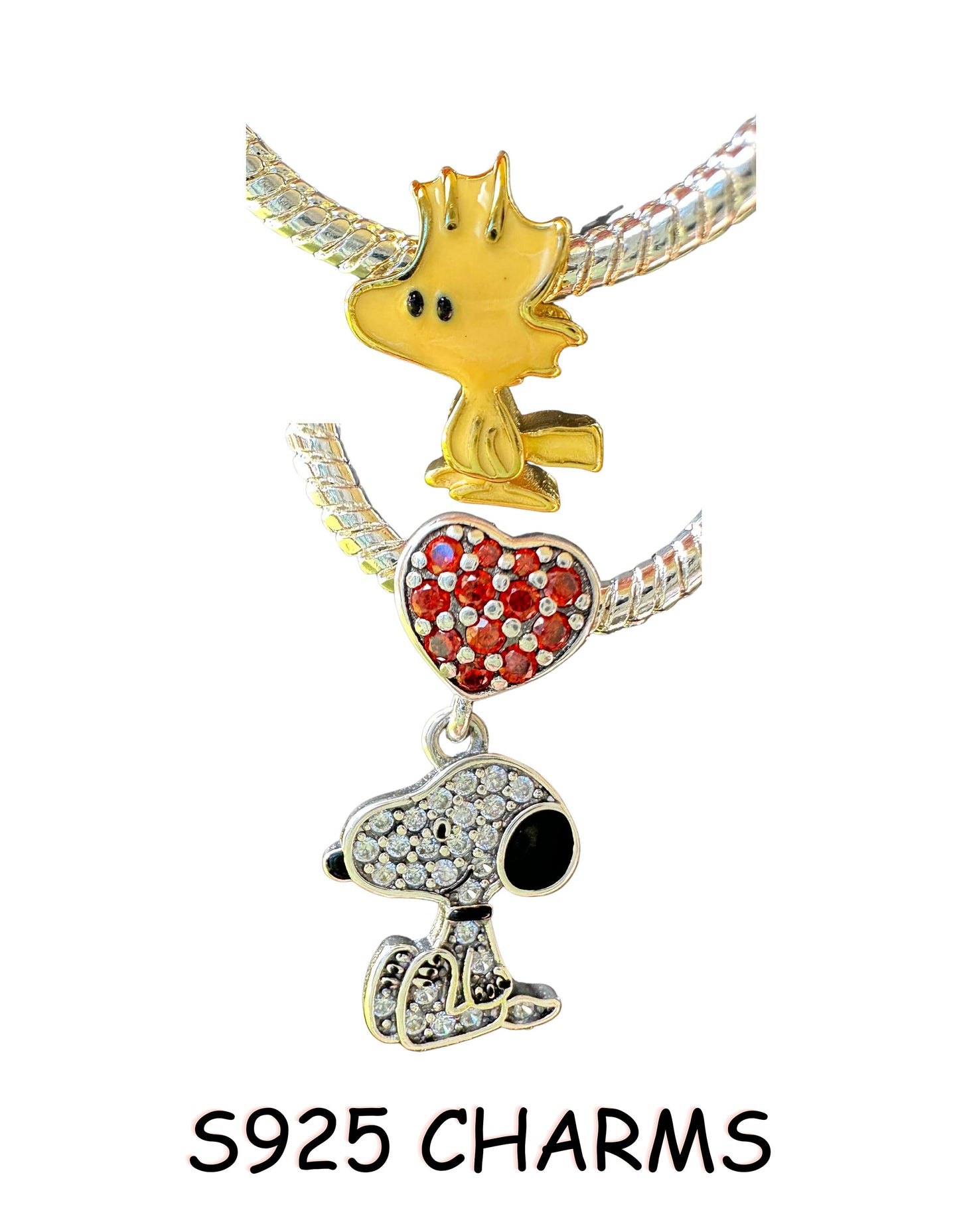 Snoopy with Crystal Heart Woodstock S925 Sterling Silver charms Fit most European Style Bracelets and bangles charms
