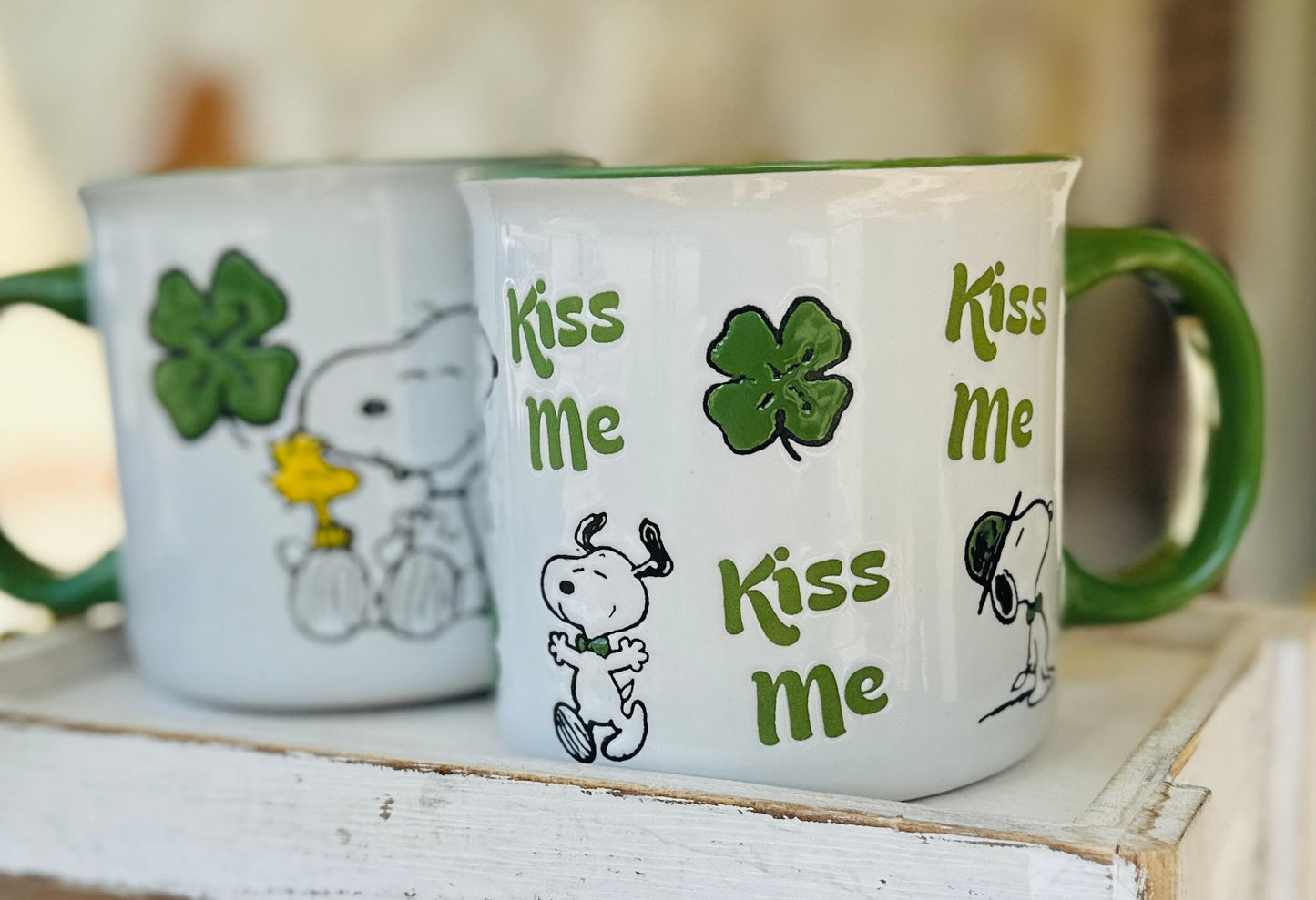 Snoopy Mug Collection- Snoopy Kiss me Mug-gift mug-Irish luck vintage mug- Snoopy tea Cups