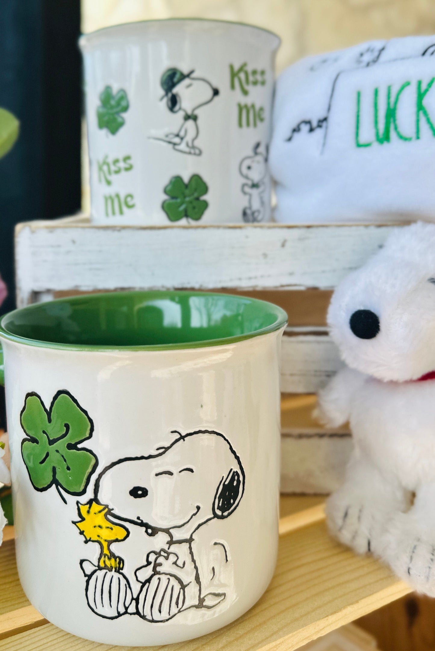 Snoopy Mug Collection- Snoopy Kiss me Mug-gift mug-Irish luck vintage mug- Snoopy tea Cups