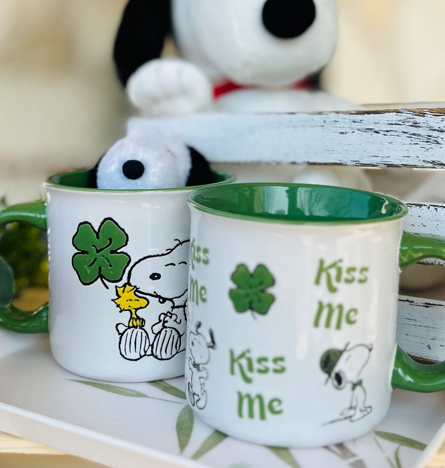 Snoopy Mug Collection- Snoopy Kiss me Mug-gift mug-Irish luck vintage mug- Snoopy tea Cups
