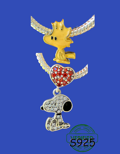 Snoopy with Crystal Heart Woodstock  S925 Sterling Silver charms Fit most European Style Bracelets and bangles charms