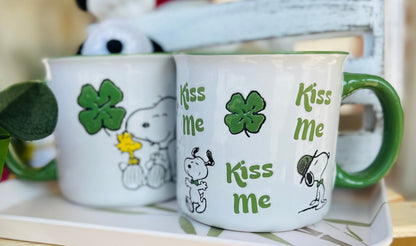 Snoopy Mug Collection- Snoopy Kiss me  Mug-gift mug-Irish luck vintage mug- Snoopy tea Cups